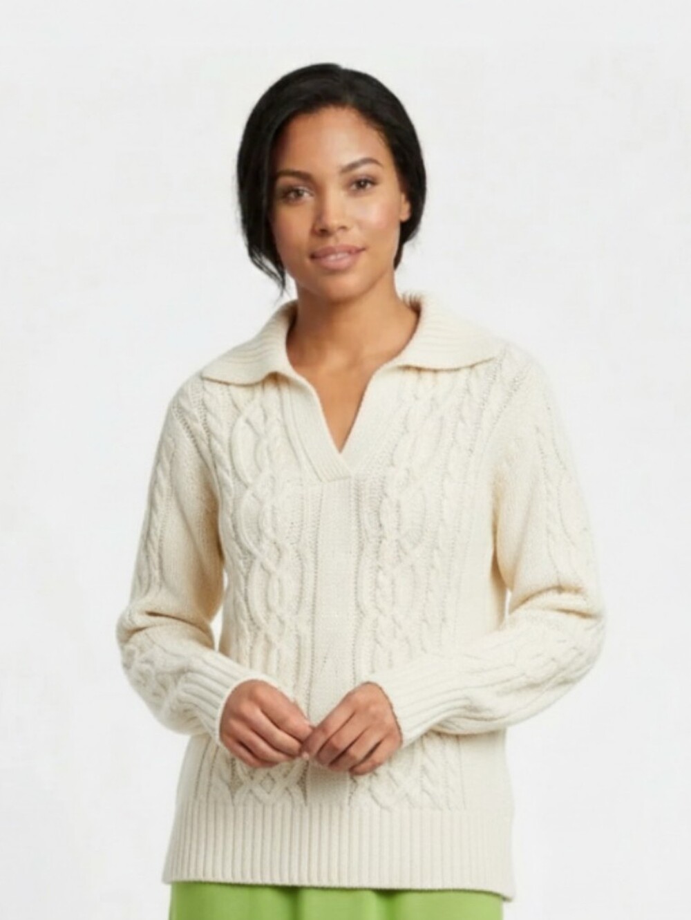 Thick Cable Knit V-neck collared Sweater